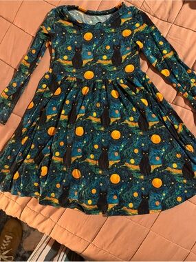 Girls' Long-Sleeve Starry Cat Print Skater Dress